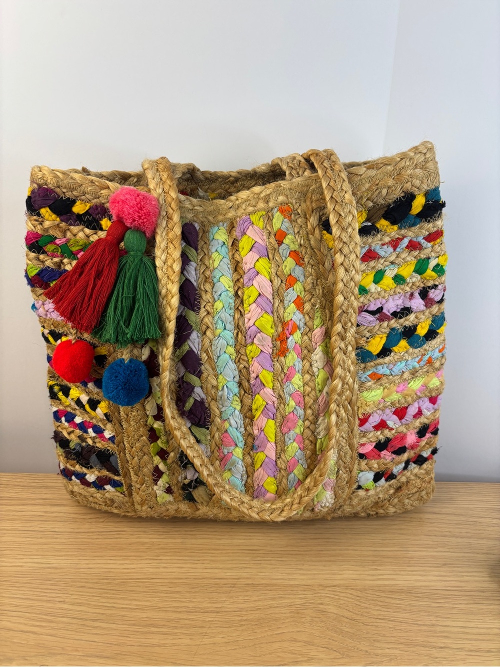 Unbranded Multicolor Braided Jute Tote Bag‎ with Pom Pom Tassels